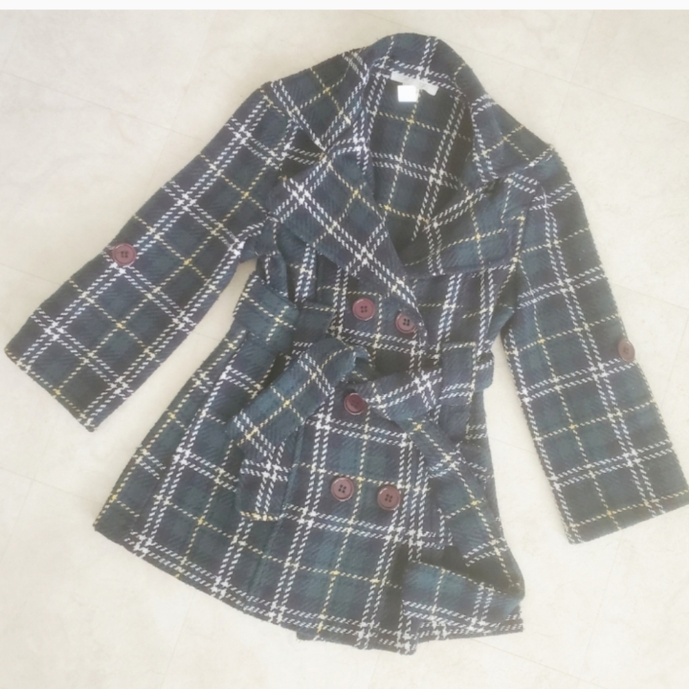 Checkered Forest Green Wool Polyester Fall Autumn Waist Tie Pea Coat Jacket